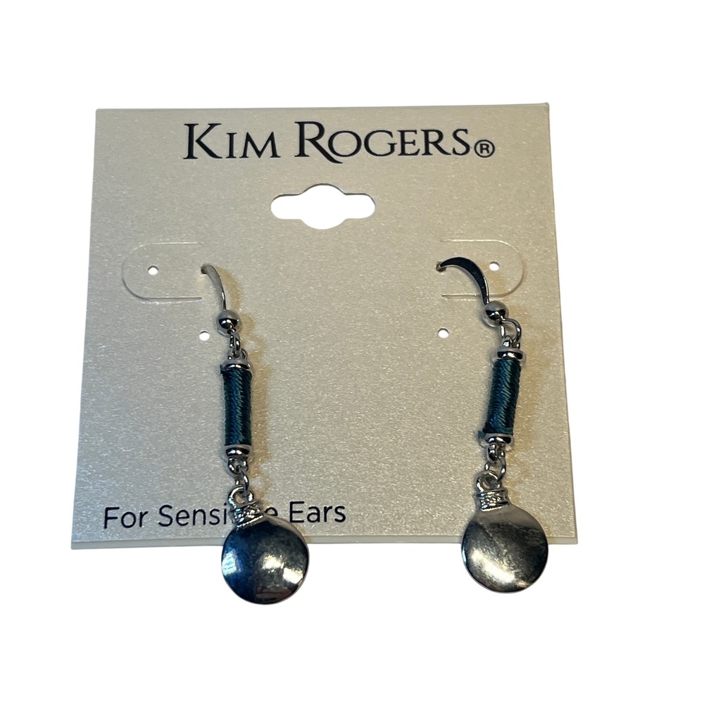 Kim Rogers Silver Tone Teal Thread Wrap Drop Earrings Boho Minimalist Modern